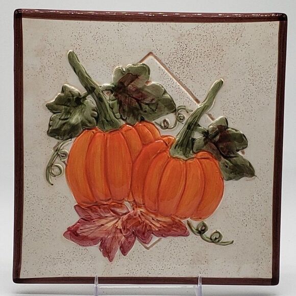 Fall Harvest 3D Orange Pumpkins Red Green Leaves Ceramic Tile Trivet Wall Decor - Picture 12 of 12